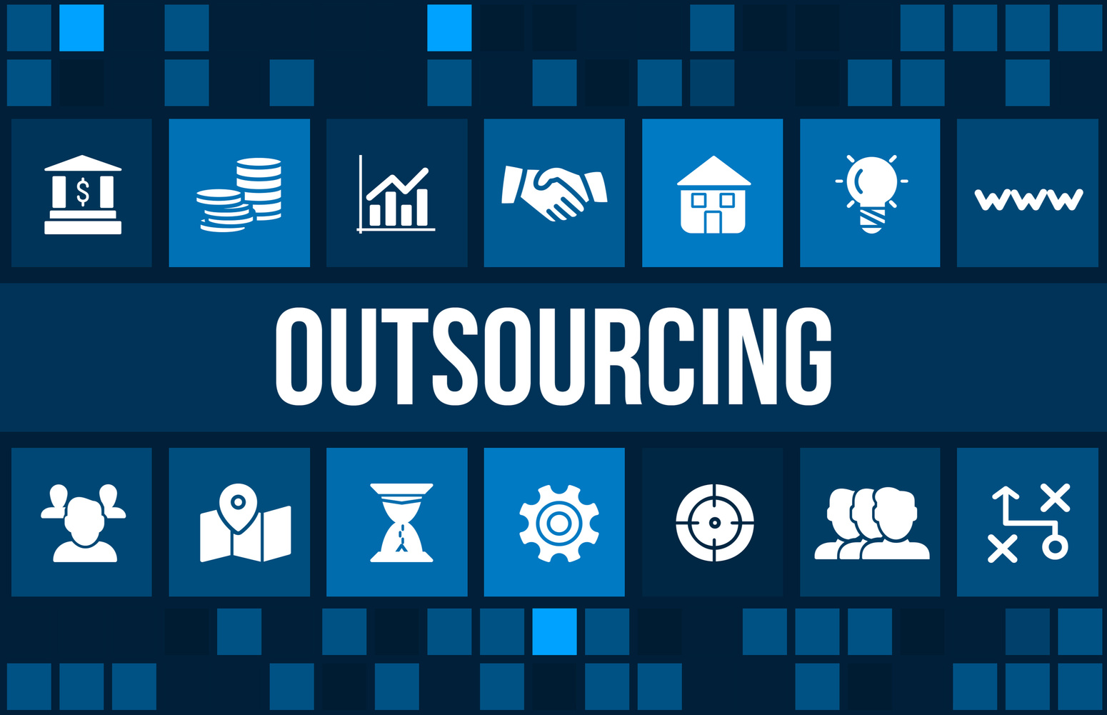 Outsourcing concept image with business icons and copyspace.